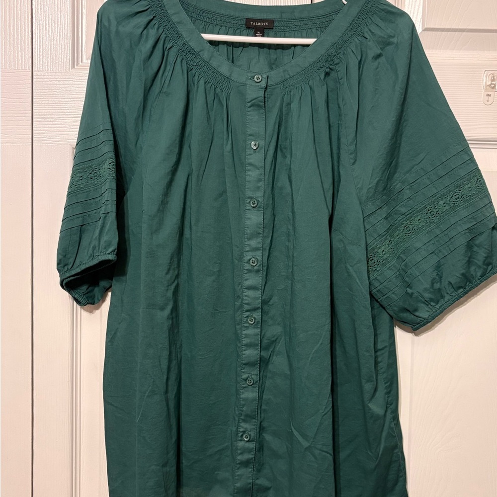 Talbots Green Puff Sleeve Blouse with Bib Collar